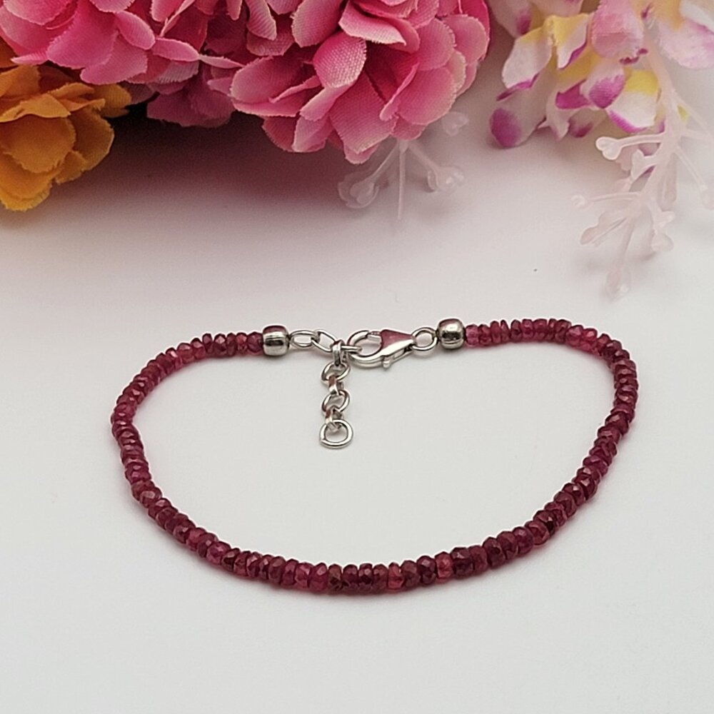 Sterling Silver 925 Natural Pink Sapphire Beaded Bracelet 8" Adjustable